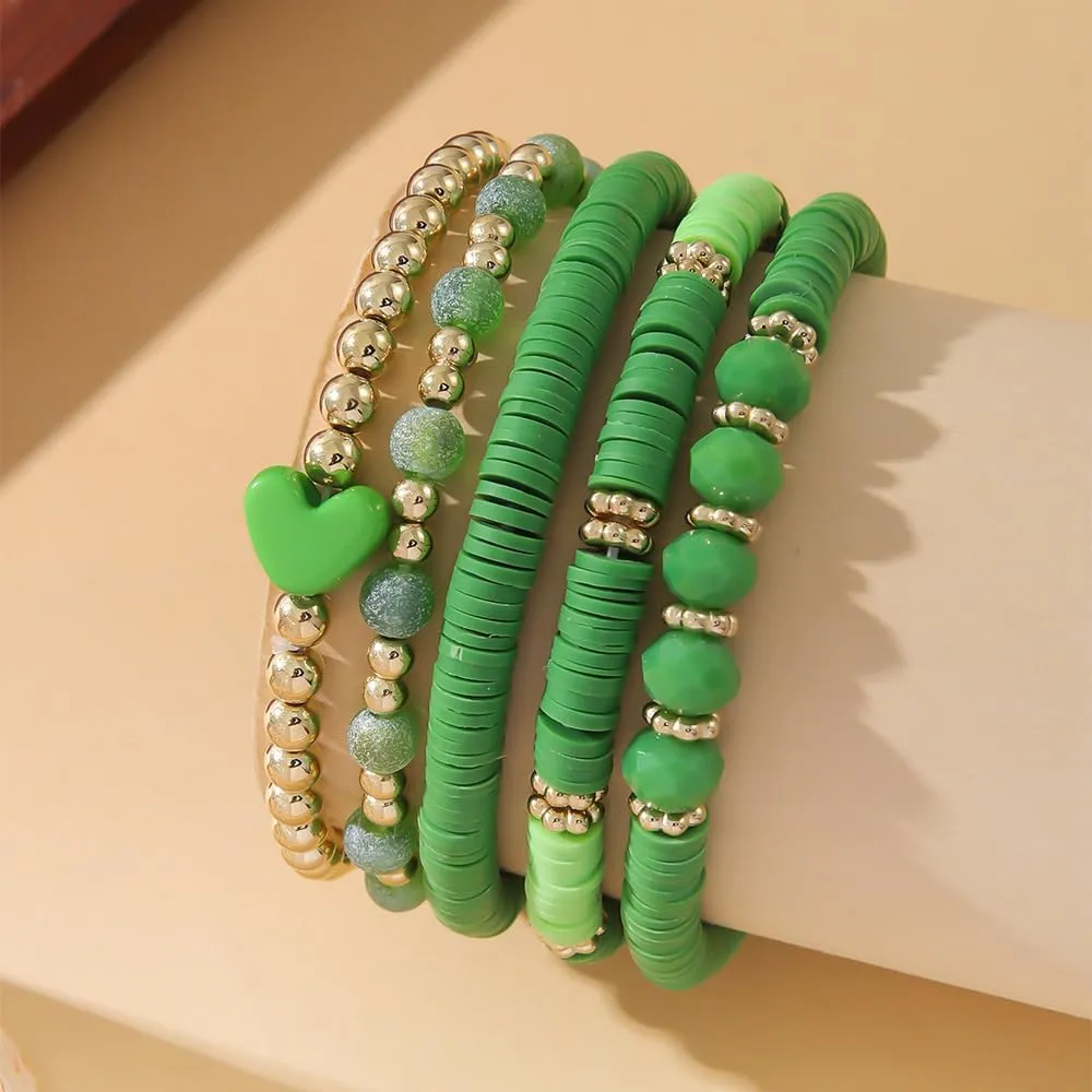 St. Patrick Day Bohemian Multi-Layer Bead Bracelet Heart Clay Stackable Colorful Bracelets Set for Women Men Beach Vacation Beaded Bangle Jewelry
