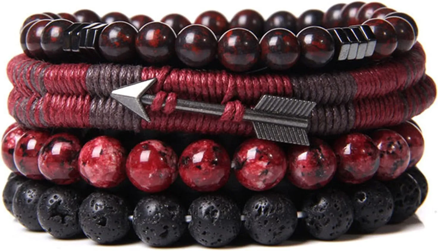 Stacking Ethnic PU Leather Natural Stone Tiger Eye Arrow Wood Wooden Beads Cuff Wrap Bracelet for Men Friend Boho Adjustable Woven Braided Cords Wristband Rope Linen Hemp Jewelry Gift