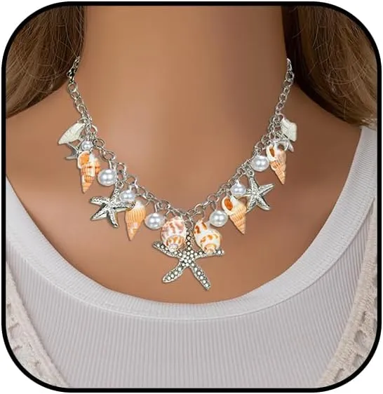 Starfish Necklace for Women Gold Shell Charm Necklaces Bohemian Starfish Choker Conch Pearl Statement Necklace Beach Holiday Jewelry