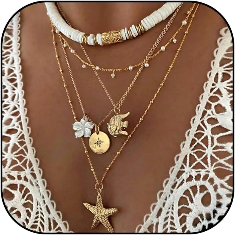 Starfish Necklace Gold Seashell Charm Necklace for Women Beach Shell Necklace Summer Surfer Neclace Beach Jewelry Boho Layered Necklaces Summer Dresses Accessories