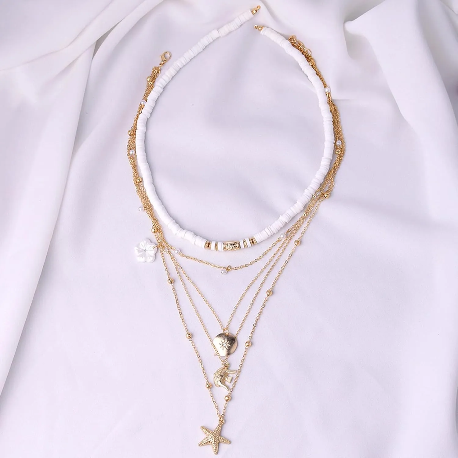 Starfish Necklace Gold Seashell Charm Necklace for Women Beach Shell Necklace Summer Surfer Neclace Beach Jewelry Boho Layered Necklaces Summer Dresses Accessories