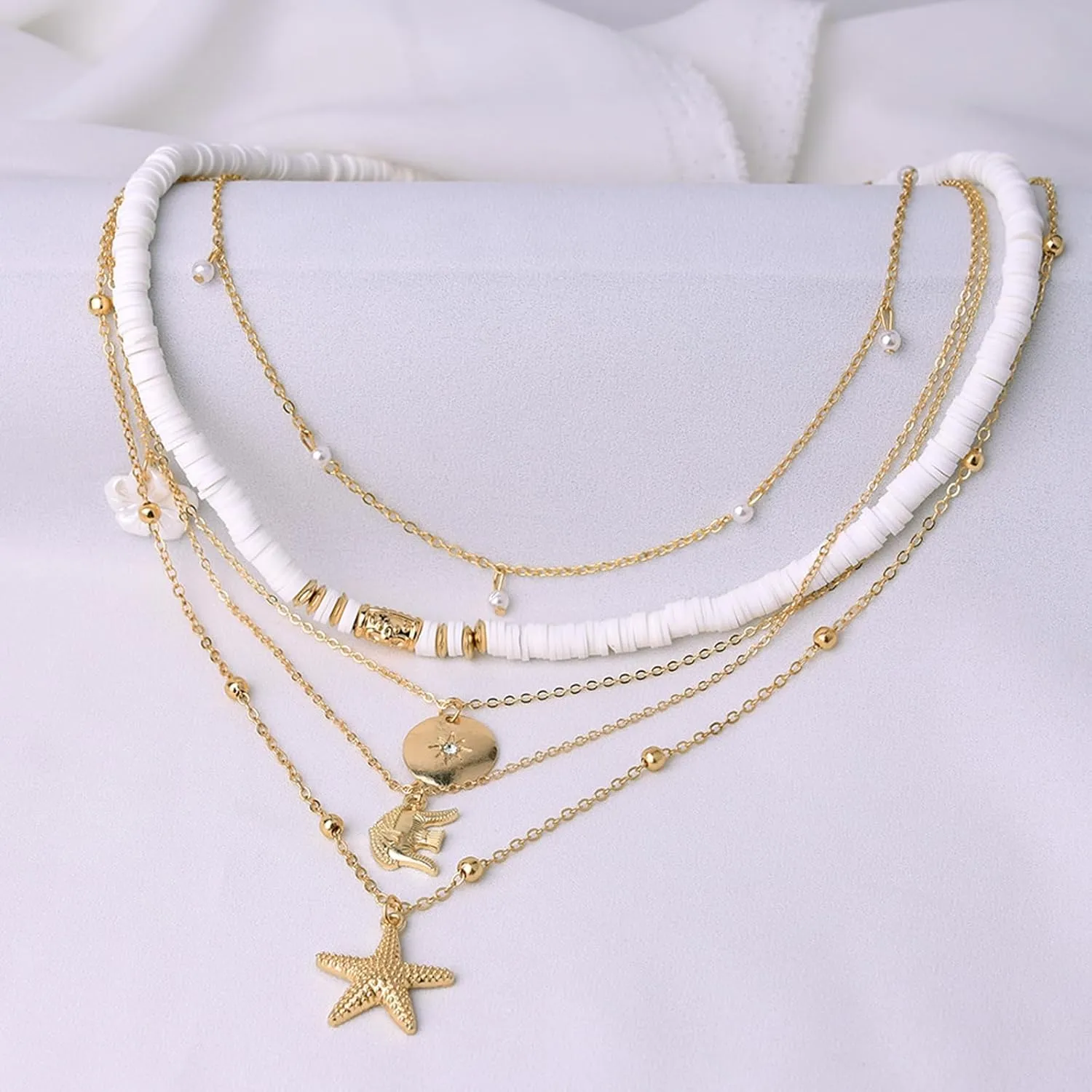Starfish Necklace Gold Seashell Charm Necklace for Women Beach Shell Necklace Summer Surfer Neclace Beach Jewelry Boho Layered Necklaces Summer Dresses Accessories