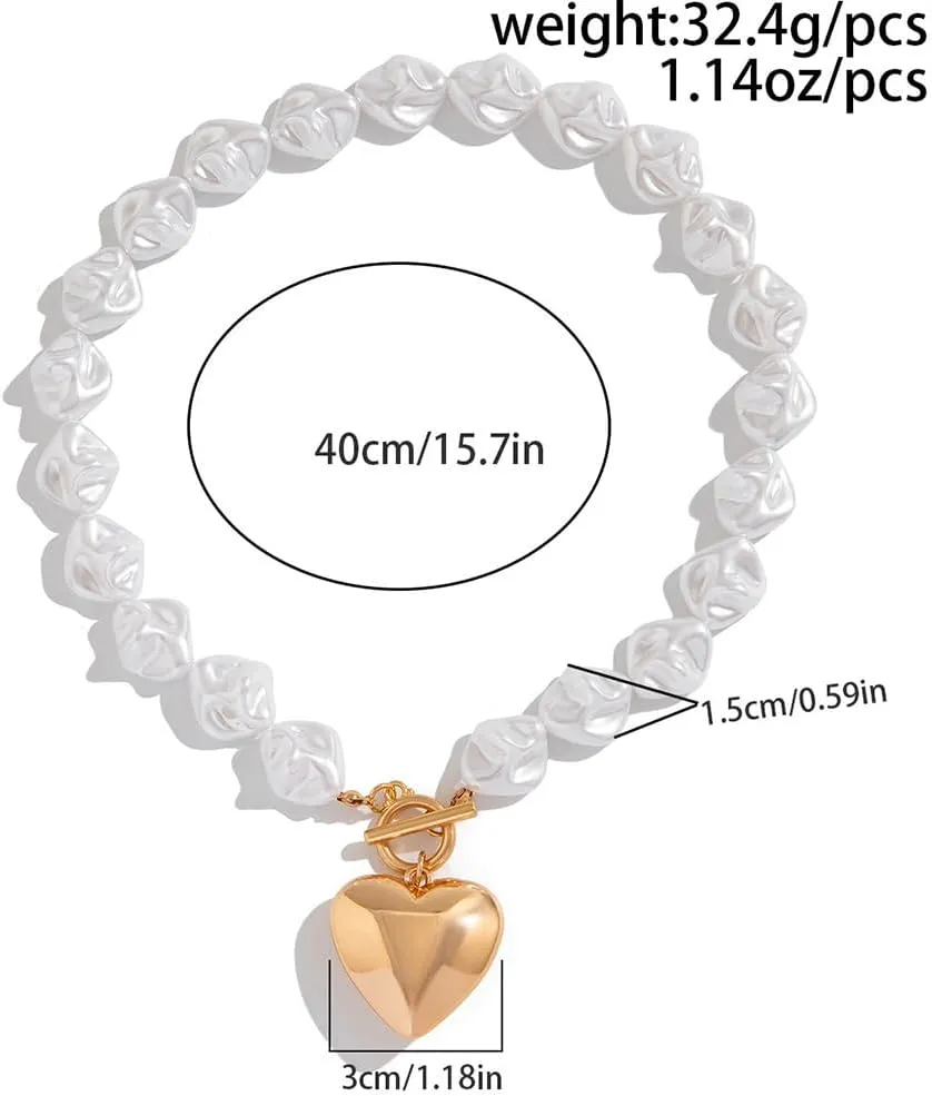 Statement Chunky Gold Heart Pendant Necklace for Women Trendy Boho Baroque Pearl Chain Choker Big Silver Love OT Buckle Necklaces Party Prom Jewelry Gift