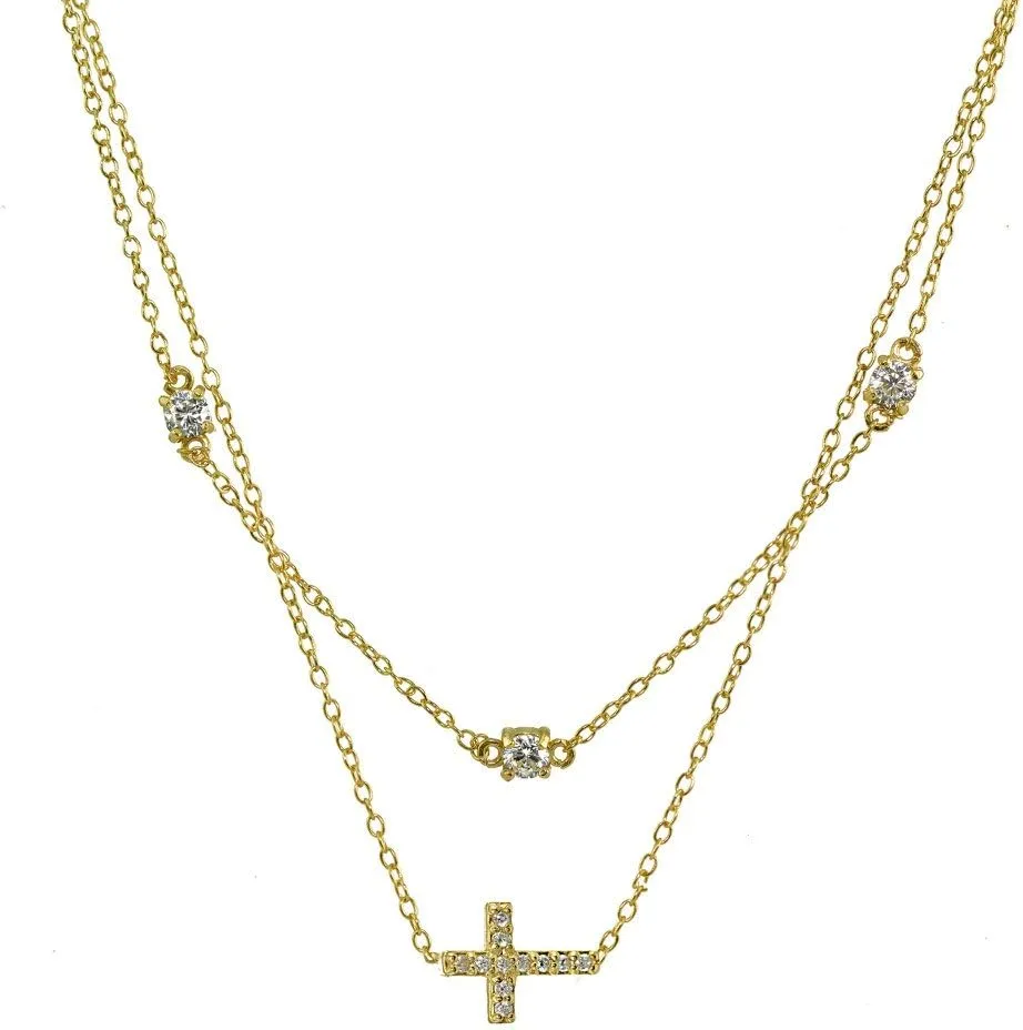 Sterling Silver Cubic Zirconia Sideways Cross Layered Choker Necklace
