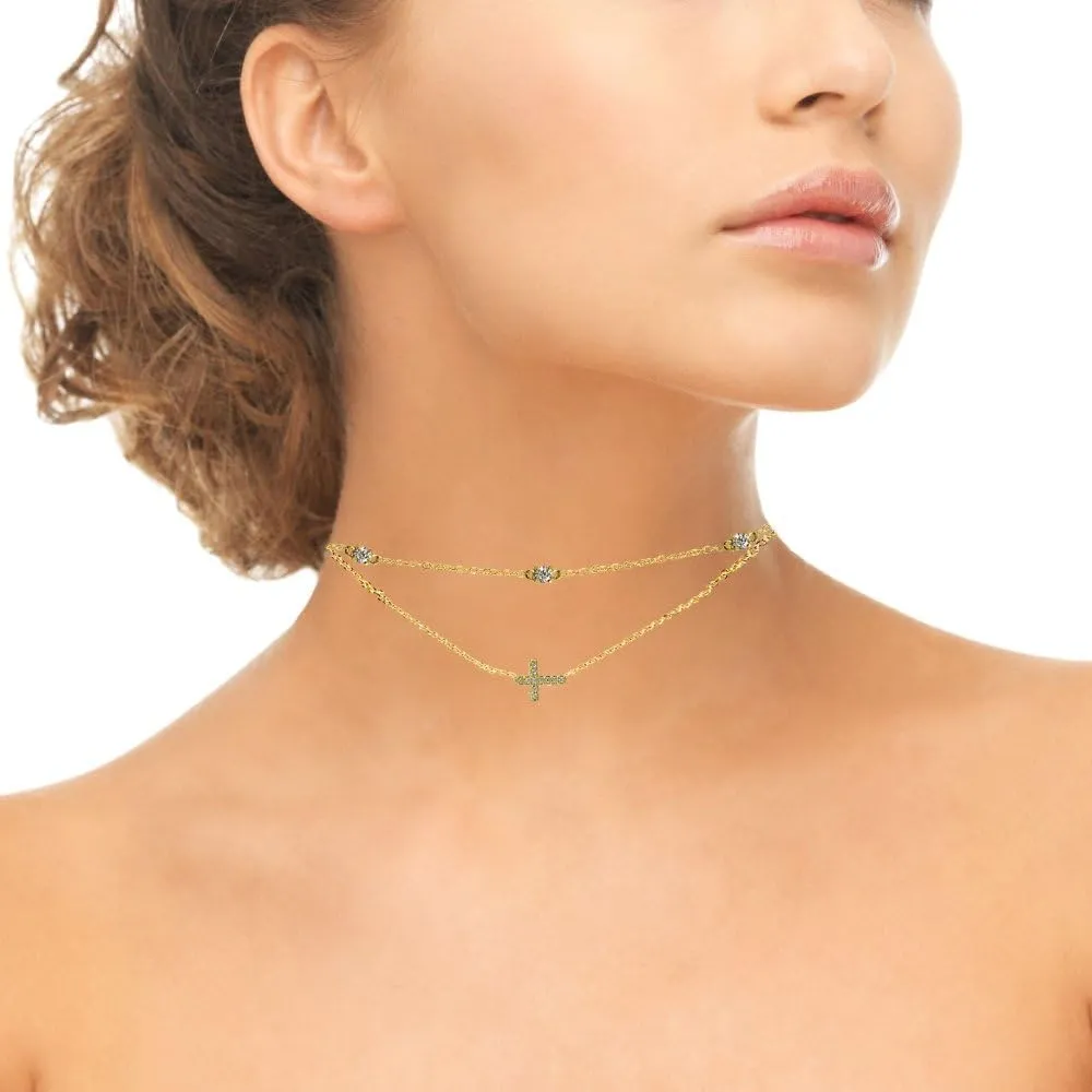 Sterling Silver Cubic Zirconia Sideways Cross Layered Choker Necklace