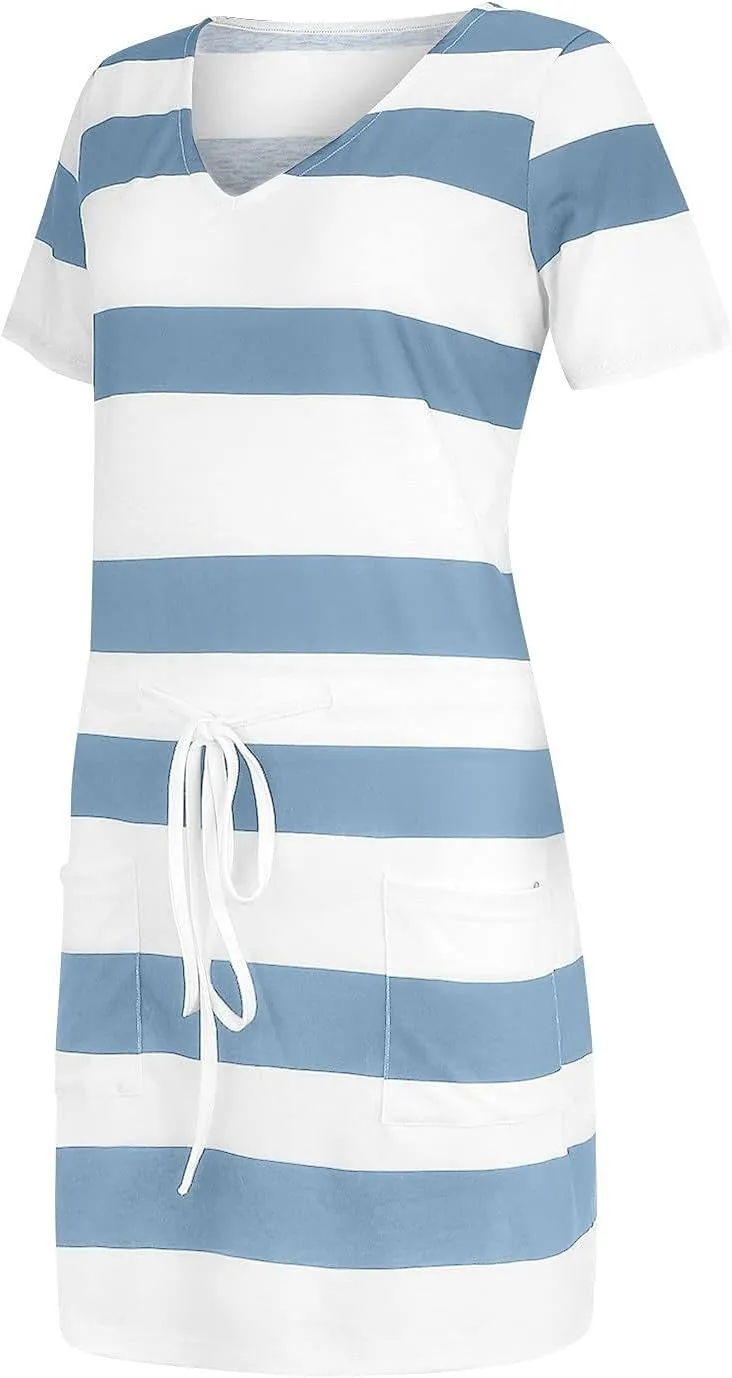Striped T Shirt Dresses for Women 2025 Summer Casual Tie Waist Vacation Beach Dress Short Sleeve V Neck Wrap Dress