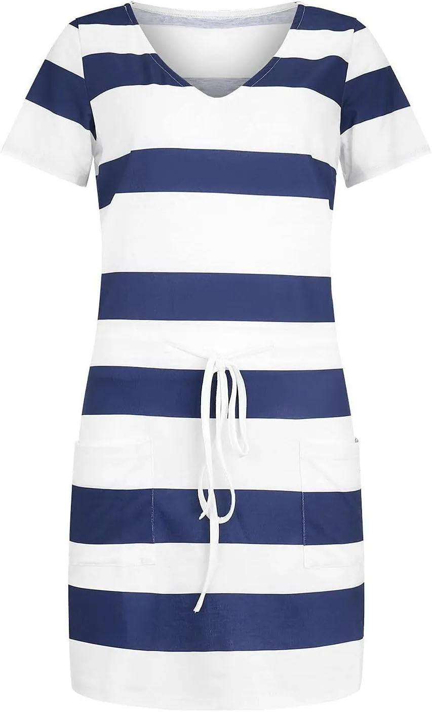Striped T Shirt Dresses for Women 2025 Summer Casual Tie Waist Vacation Beach Dress Short Sleeve V Neck Wrap Dress
