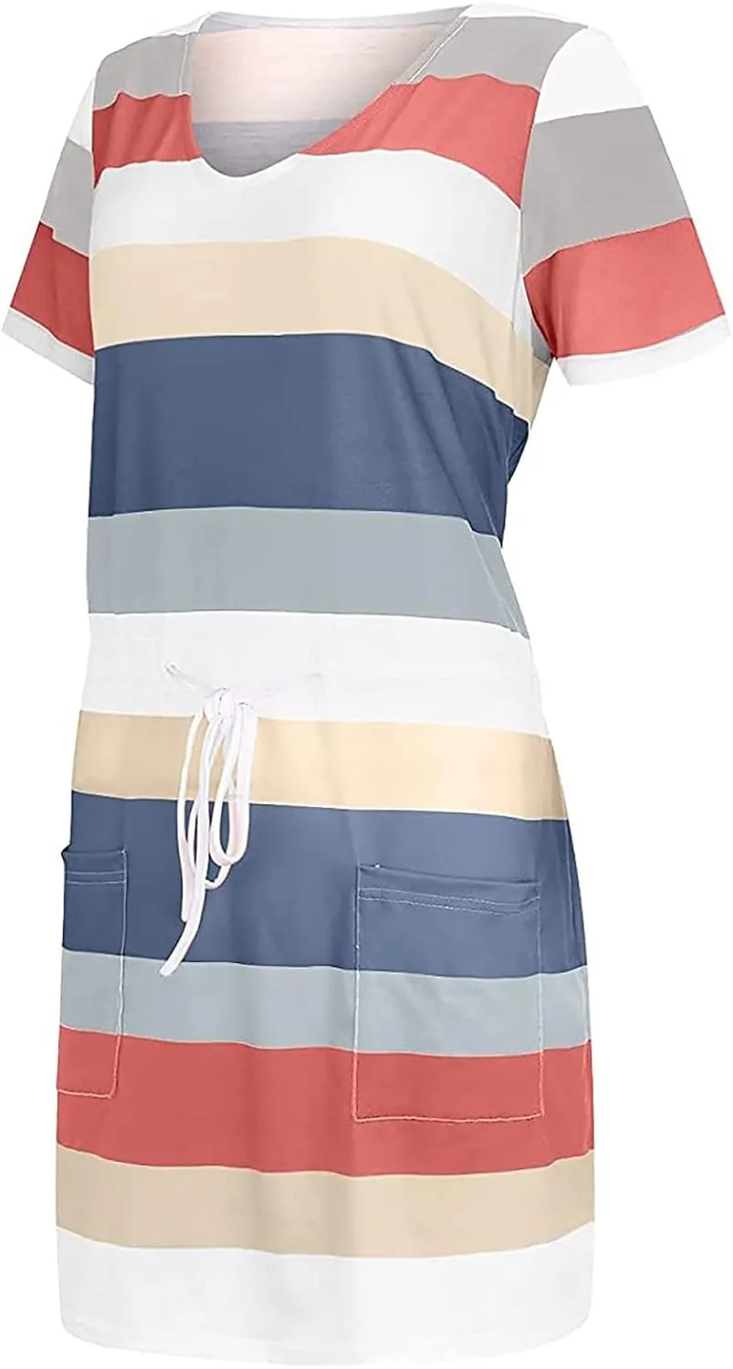 Striped T Shirt Dresses for Women 2025 Summer Casual Tie Waist Vacation Beach Dress Short Sleeve V Neck Wrap Dress
