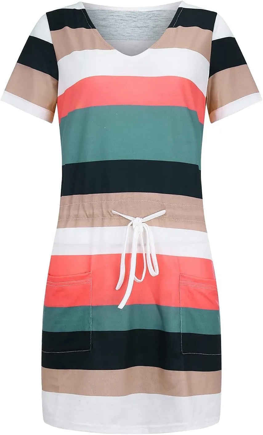 Striped T Shirt Dresses for Women 2025 Summer Casual Tie Waist Vacation Beach Dress Short Sleeve V Neck Wrap Dress