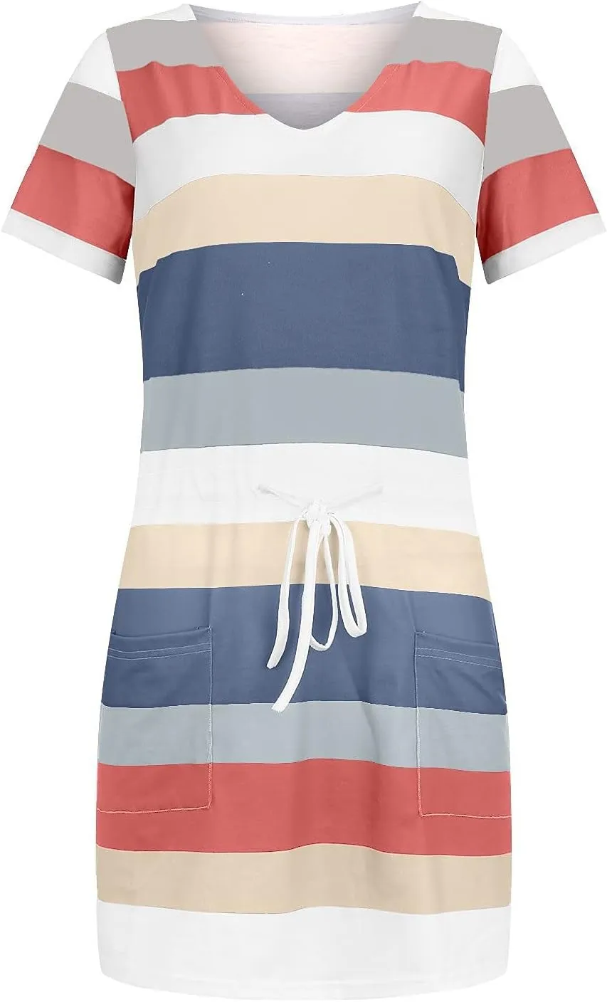 Striped T Shirt Dresses for Women 2025 Summer Casual Tie Waist Vacation Beach Dress Short Sleeve V Neck Wrap Dress