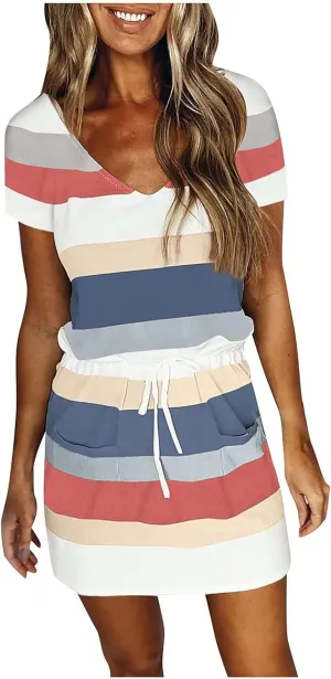 Striped T Shirt Dresses for Women 2025 Summer Casual Tie Waist Vacation Beach Dress Short Sleeve V Neck Wrap Dress