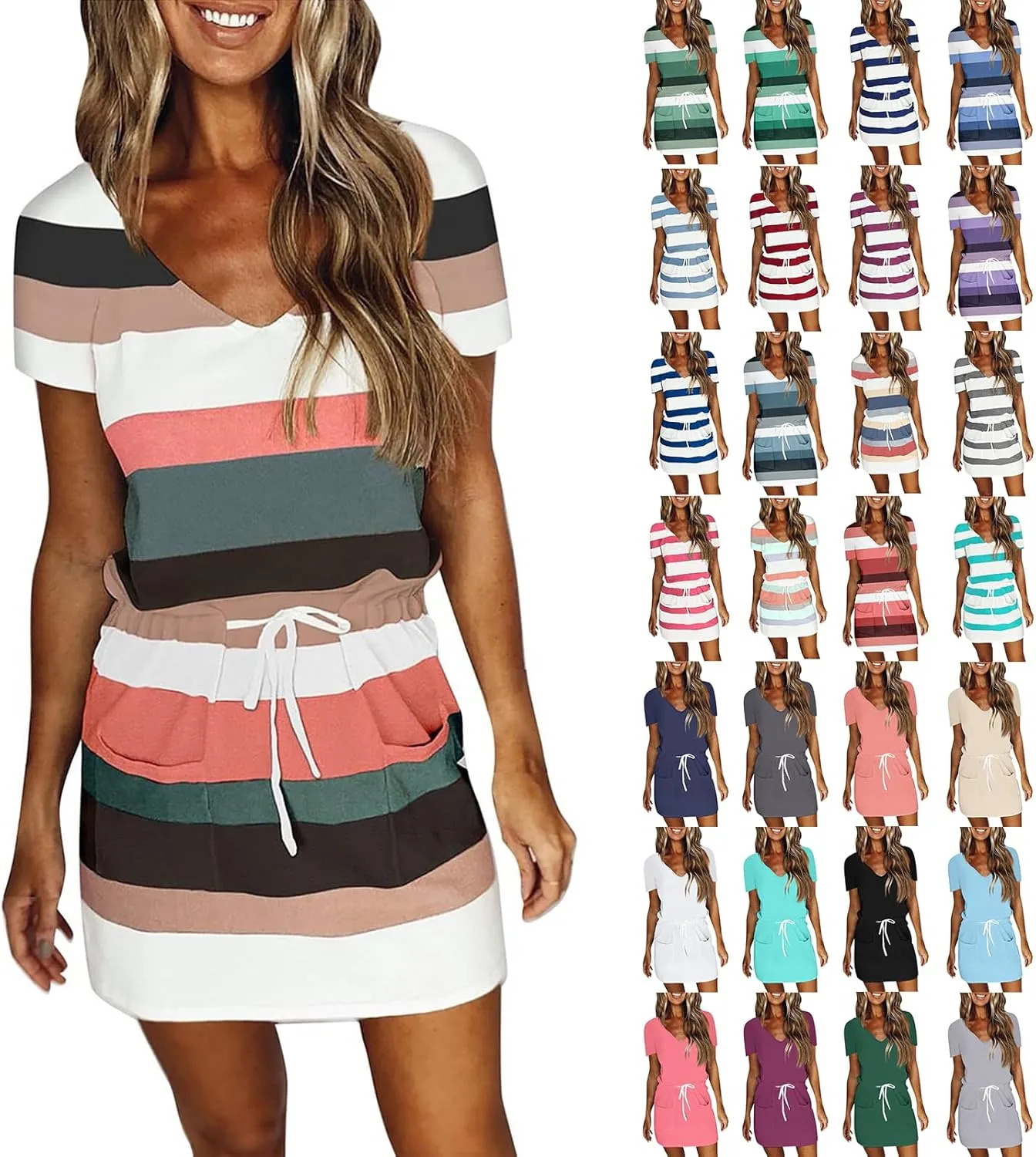 Striped T Shirt Dresses for Women 2025 Summer Casual Tie Waist Vacation Beach Dress Short Sleeve V Neck Wrap Dress