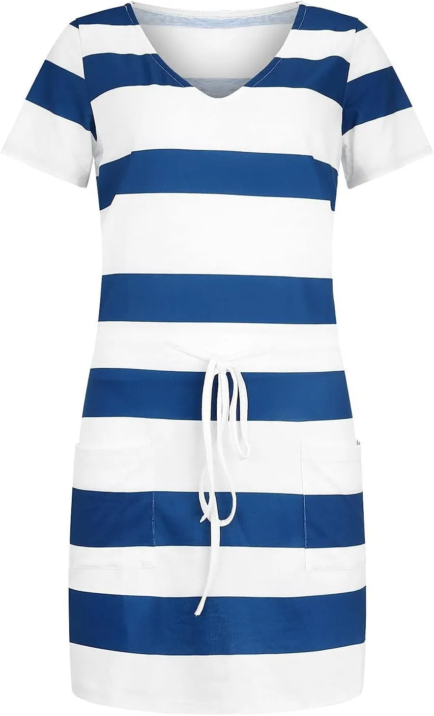 Striped T Shirt Dresses for Women 2025 Summer Casual Tie Waist Vacation Beach Dress Short Sleeve V Neck Wrap Dress