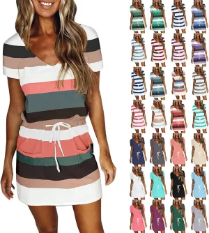 Striped T Shirt Dresses for Women 2025 Summer Casual Tie Waist Vacation Beach Dress Short Sleeve V Neck Wrap Dress