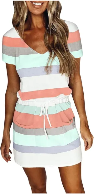 Striped T Shirt Dresses for Women 2025 Summer Casual Tie Waist Vacation Beach Dress Short Sleeve V Neck Wrap Dress