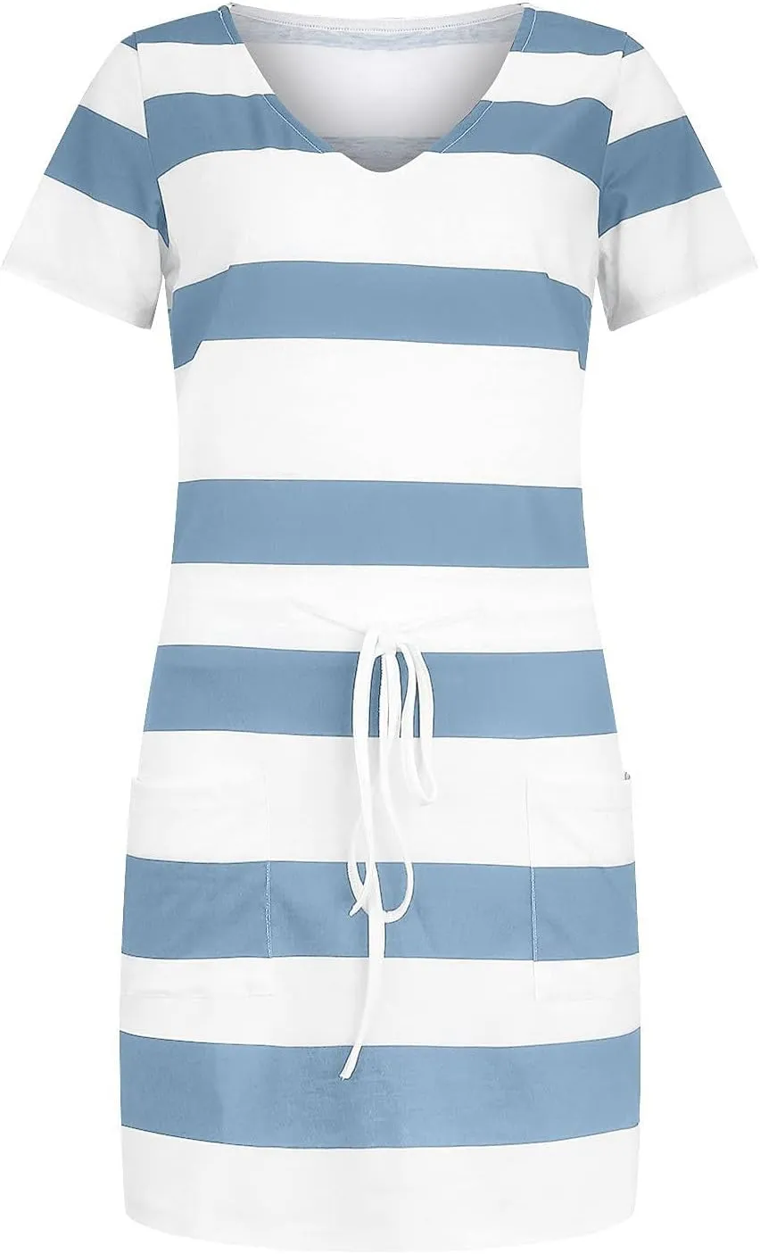 Striped T Shirt Dresses for Women 2025 Summer Casual Tie Waist Vacation Beach Dress Short Sleeve V Neck Wrap Dress