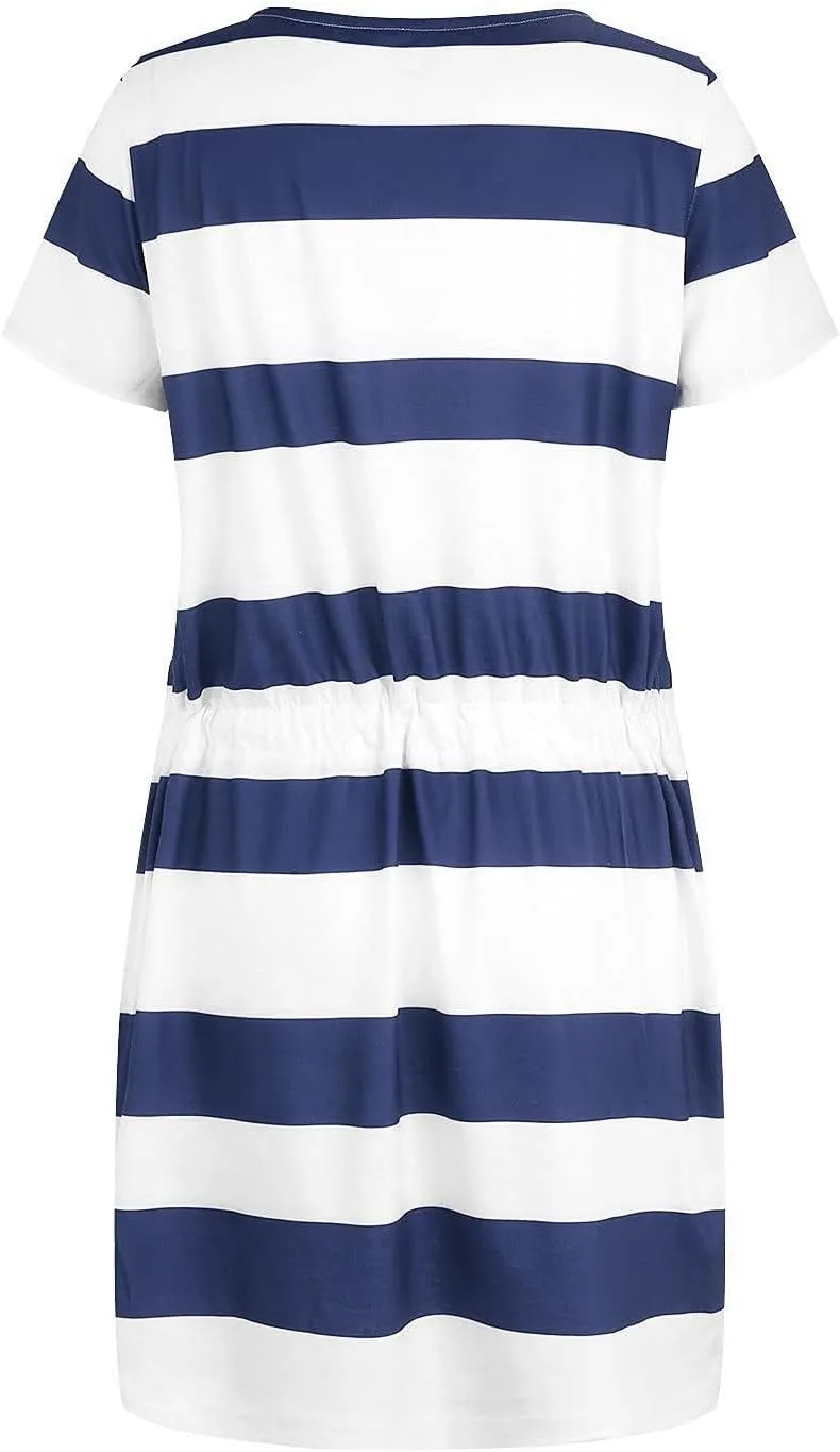 Striped T Shirt Dresses for Women 2025 Summer Casual Tie Waist Vacation Beach Dress Short Sleeve V Neck Wrap Dress