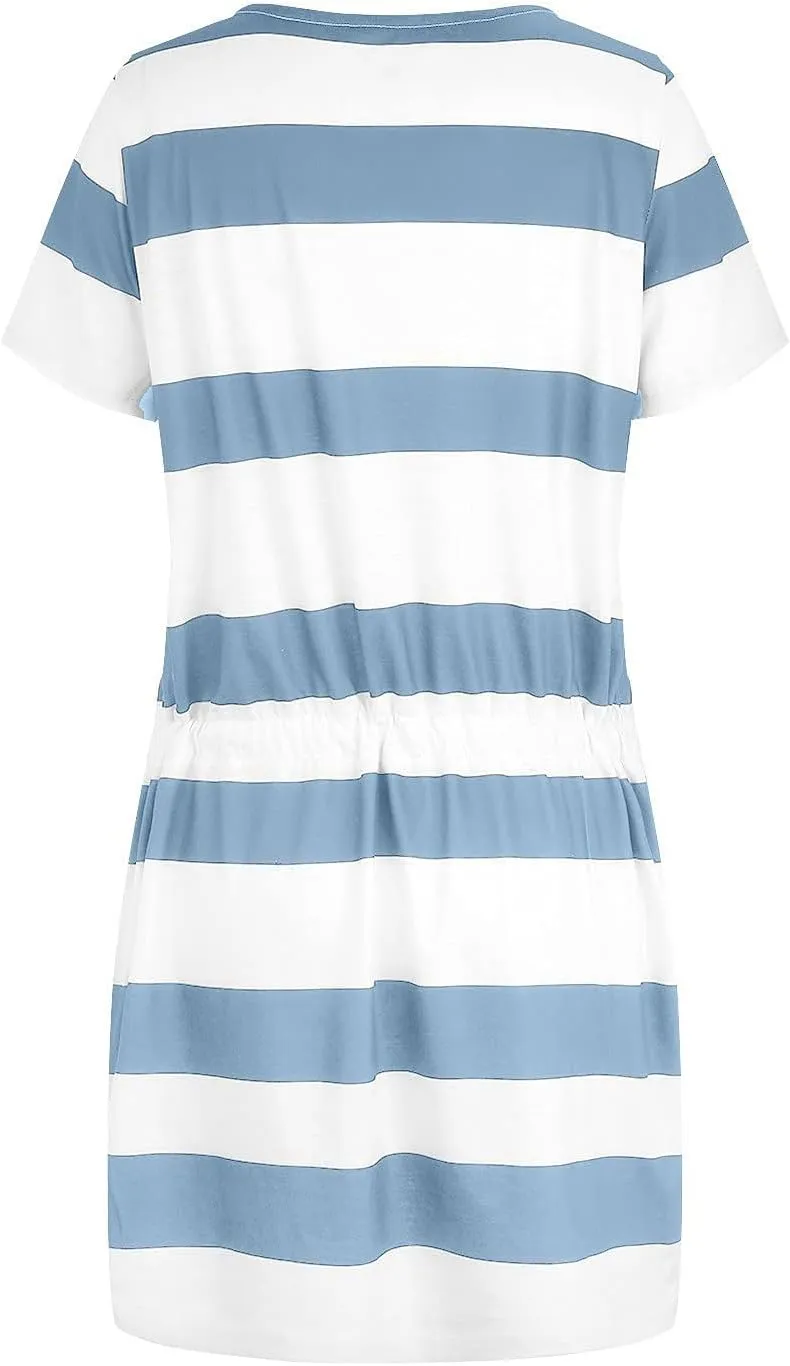 Striped T Shirt Dresses for Women 2025 Summer Casual Tie Waist Vacation Beach Dress Short Sleeve V Neck Wrap Dress