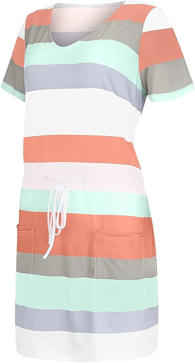 Striped T Shirt Dresses for Women 2025 Summer Casual Tie Waist Vacation Beach Dress Short Sleeve V Neck Wrap Dress
