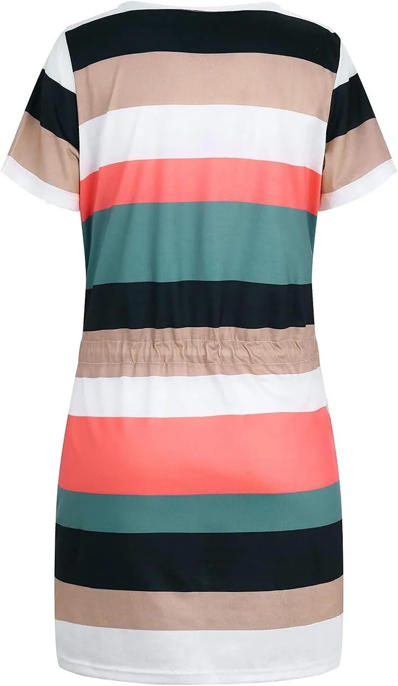 Striped T Shirt Dresses for Women 2025 Summer Casual Tie Waist Vacation Beach Dress Short Sleeve V Neck Wrap Dress