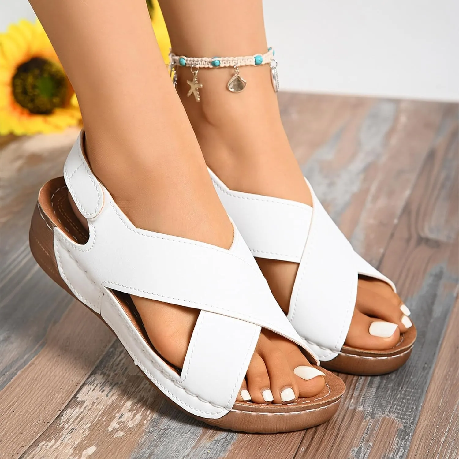 SuanlaTDS Orthopedic Wedge Sandals for Women Dressy Summer 2025 Comfortable Arch Support Flat Open Toe Platform Adjustable Ankle Strap Beach Boho Outdoor Shoes Elegant Wedges Sandal