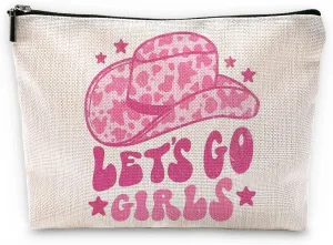 Sufamb Let's Go Girls Hot Pink Preppy Glitter Cowgirl Hats Makeup Bag,Western Country Cowgirl Cosmetic Pouch for Women Girls,Christmas Birthday Gifts for Teen Girls,Cowgirl Gifts for Girls