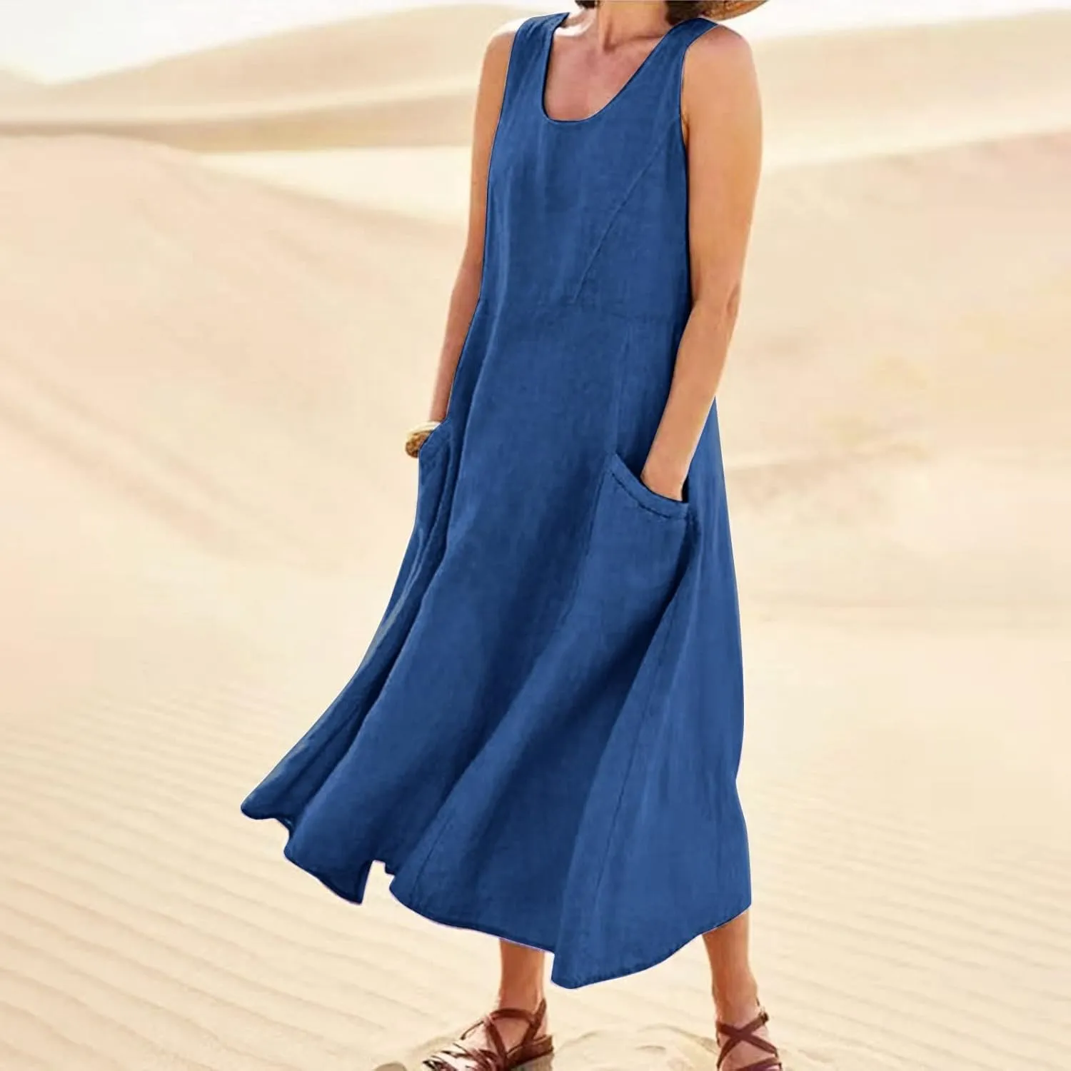 Summer Beach Dresses for Women Casual Loose Flowy Maxi Dress with Pocket Plus Size Bohemian Sleeveless Sundress Ladies