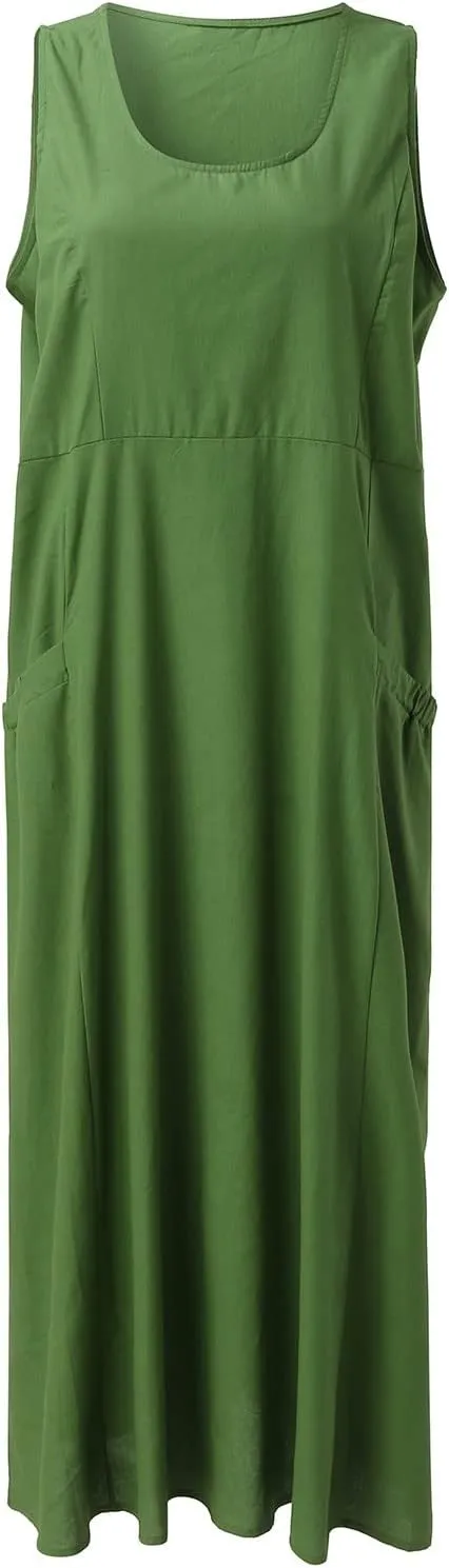 Summer Beach Dresses for Women Casual Loose Flowy Maxi Dress with Pocket Plus Size Bohemian Sleeveless Sundress Ladies