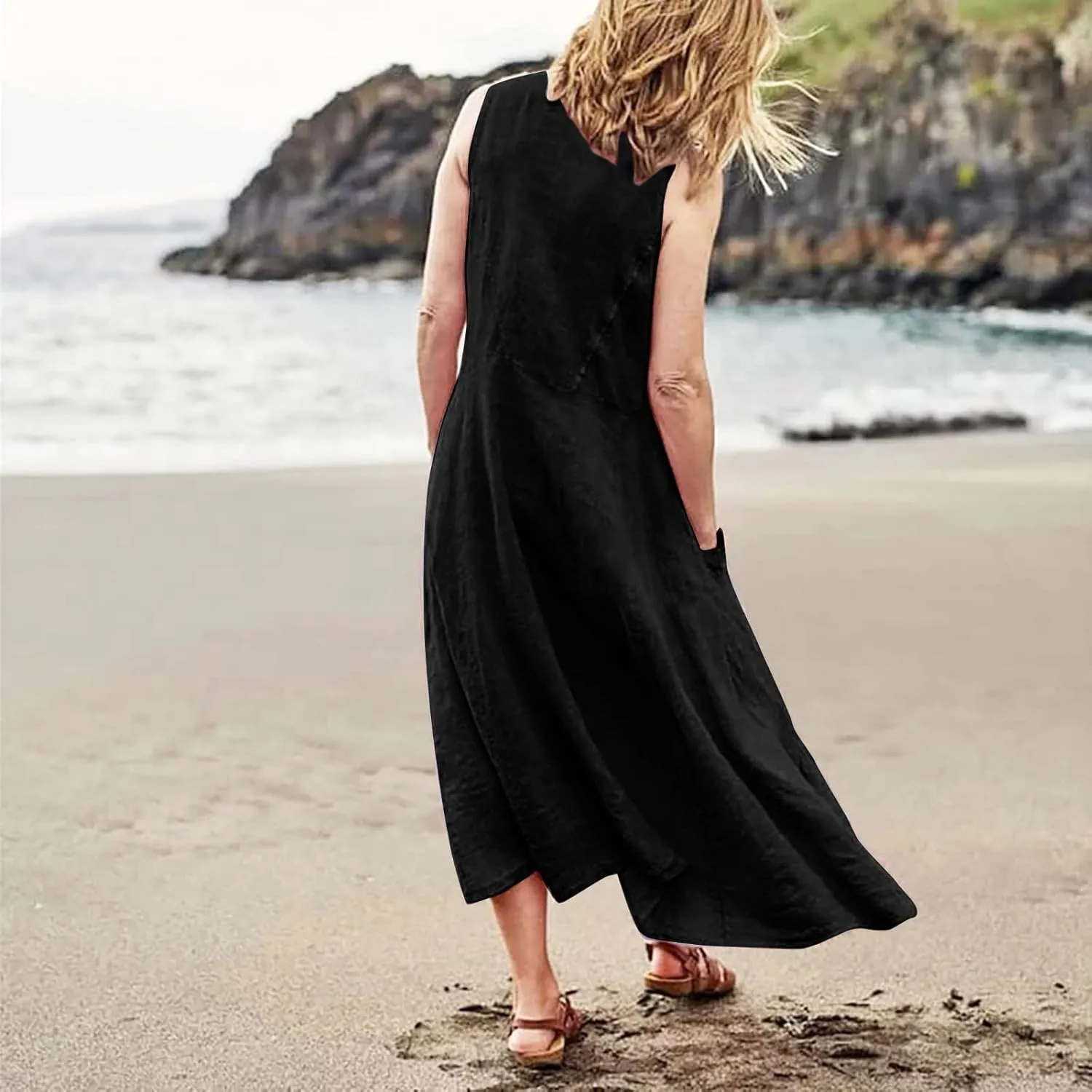 Summer Beach Dresses for Women Casual Loose Flowy Maxi Dress with Pocket Plus Size Bohemian Sleeveless Sundress Ladies