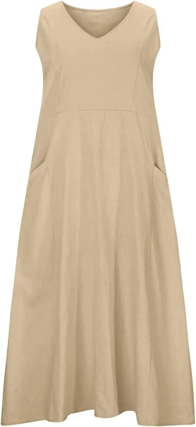 Summer Beach Dresses for Women Casual Loose Flowy Maxi Dress with Pocket Plus Size Bohemian Sleeveless Sundress Ladies
