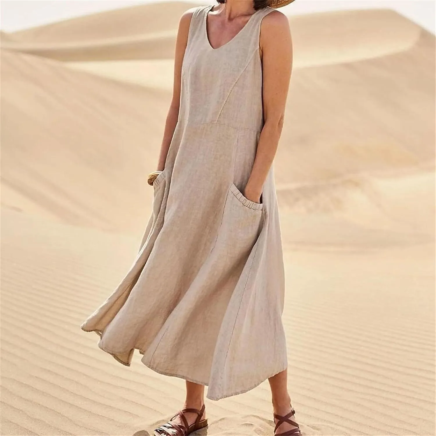 Summer Beach Dresses for Women Casual Loose Flowy Maxi Dress with Pocket Plus Size Bohemian Sleeveless Sundress Ladies
