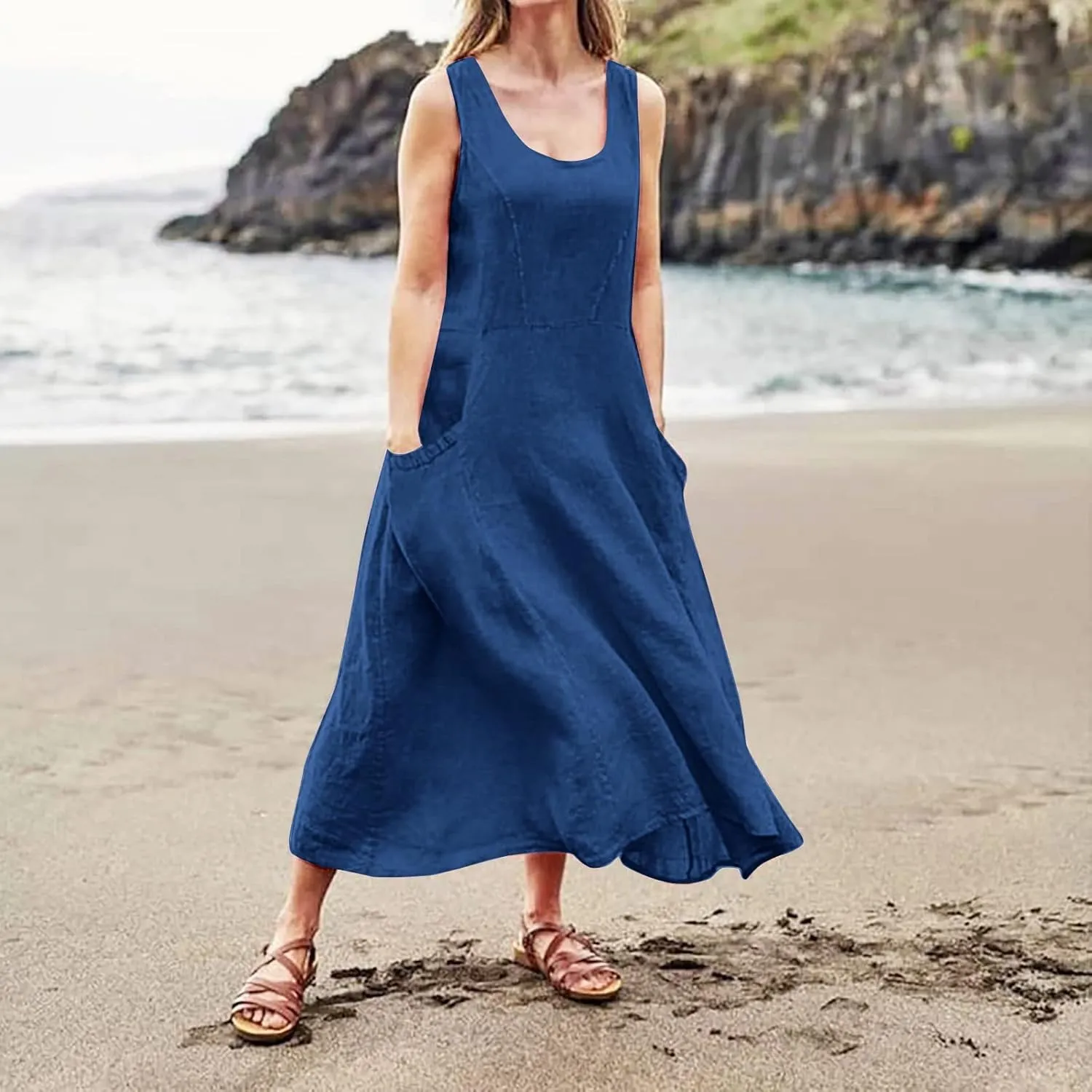 Summer Beach Dresses for Women Casual Loose Flowy Maxi Dress with Pocket Plus Size Bohemian Sleeveless Sundress Ladies