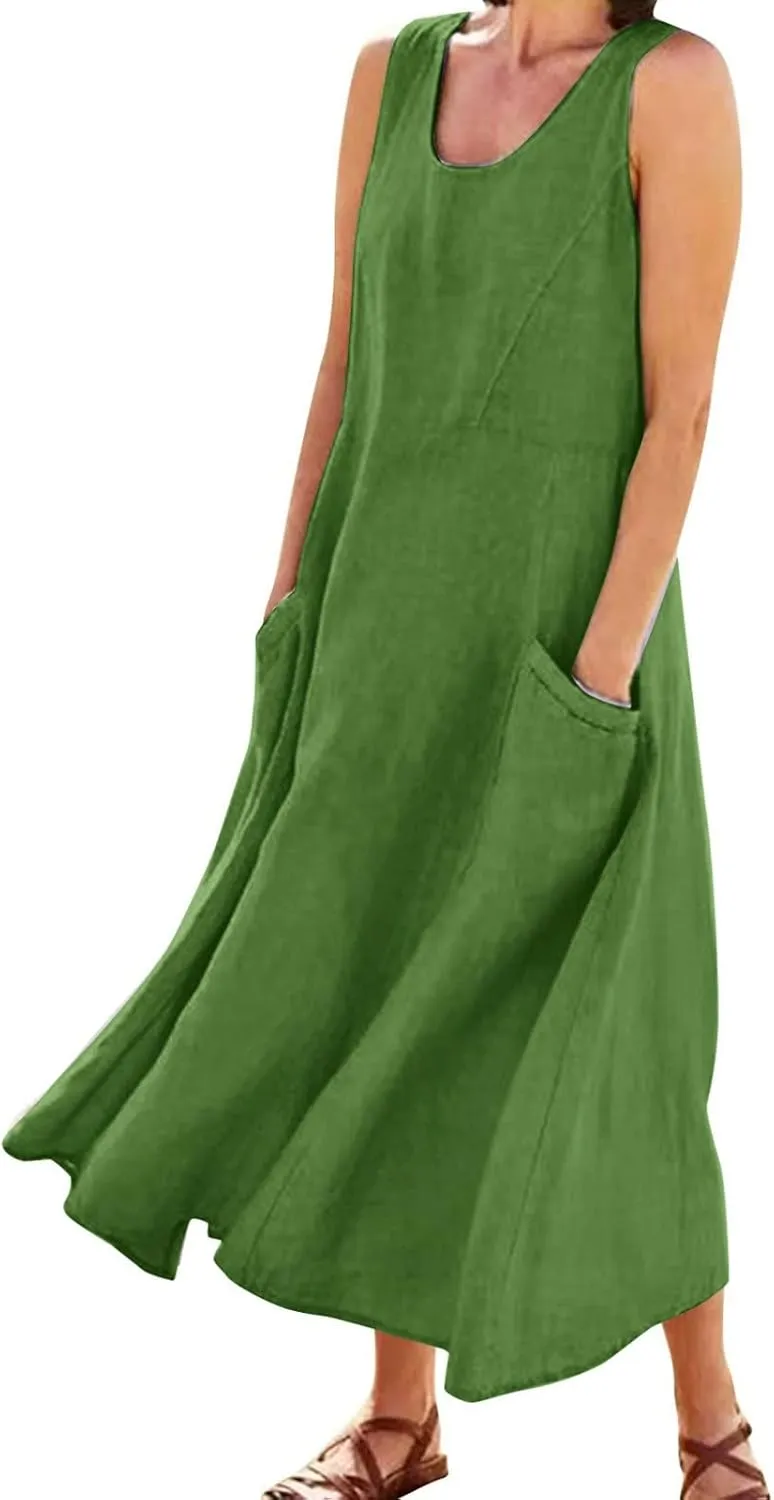 Summer Beach Dresses for Women Casual Loose Flowy Maxi Dress with Pocket Plus Size Bohemian Sleeveless Sundress Ladies
