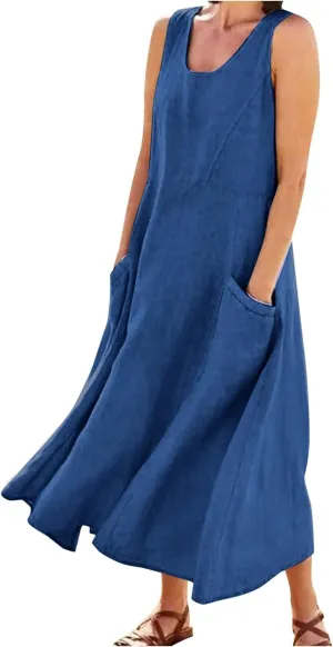 Summer Beach Dresses for Women Casual Loose Flowy Maxi Dress with Pocket Plus Size Bohemian Sleeveless Sundress Ladies