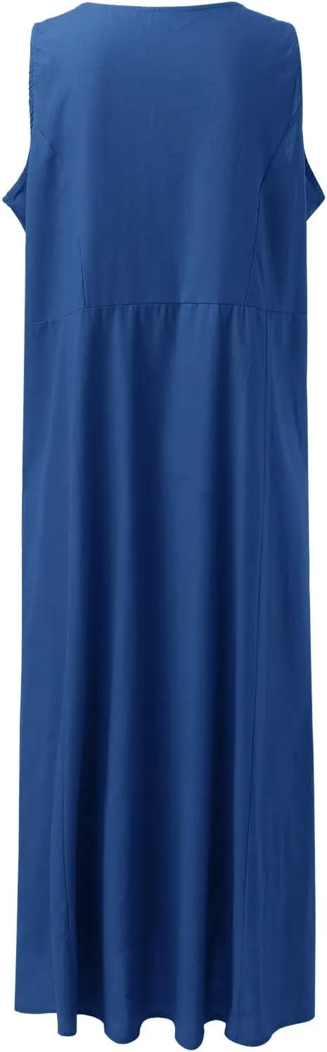 Summer Beach Dresses for Women Casual Loose Flowy Maxi Dress with Pocket Plus Size Bohemian Sleeveless Sundress Ladies