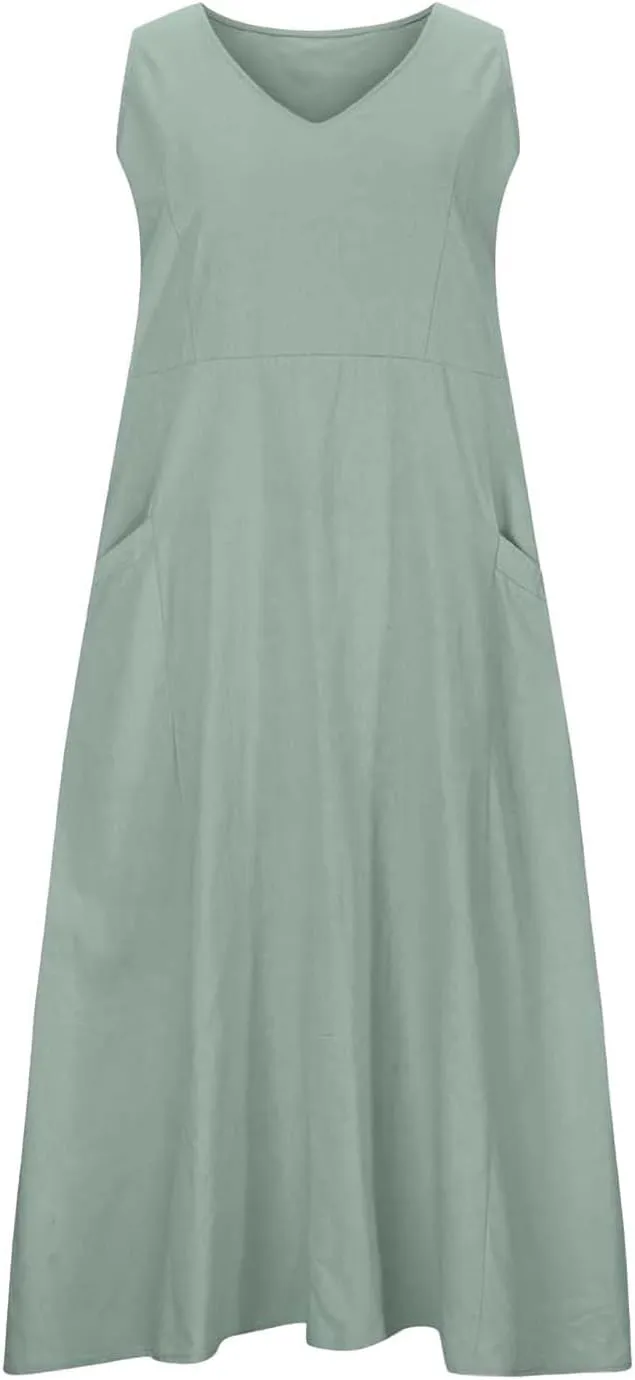 Summer Beach Dresses for Women Casual Loose Flowy Maxi Dress with Pocket Plus Size Bohemian Sleeveless Sundress Ladies