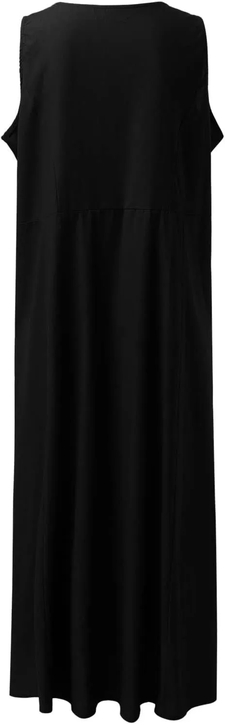 Summer Beach Dresses for Women Casual Loose Flowy Maxi Dress with Pocket Plus Size Bohemian Sleeveless Sundress Ladies