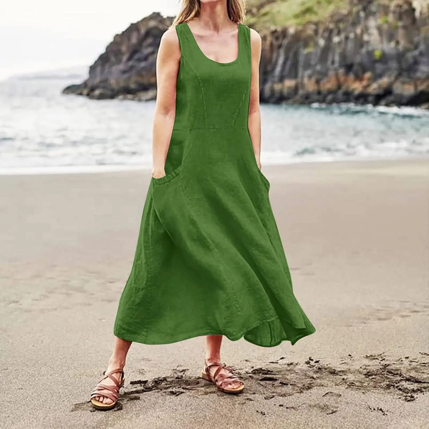 Summer Beach Dresses for Women Casual Loose Flowy Maxi Dress with Pocket Plus Size Bohemian Sleeveless Sundress Ladies