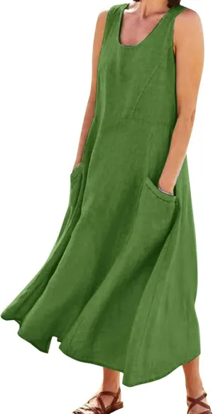 Summer Beach Dresses for Women Casual Loose Flowy Maxi Dress with Pocket Plus Size Bohemian Sleeveless Sundress Ladies
