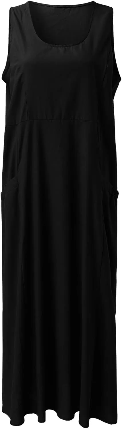 Summer Beach Dresses for Women Casual Loose Flowy Maxi Dress with Pocket Plus Size Bohemian Sleeveless Sundress Ladies