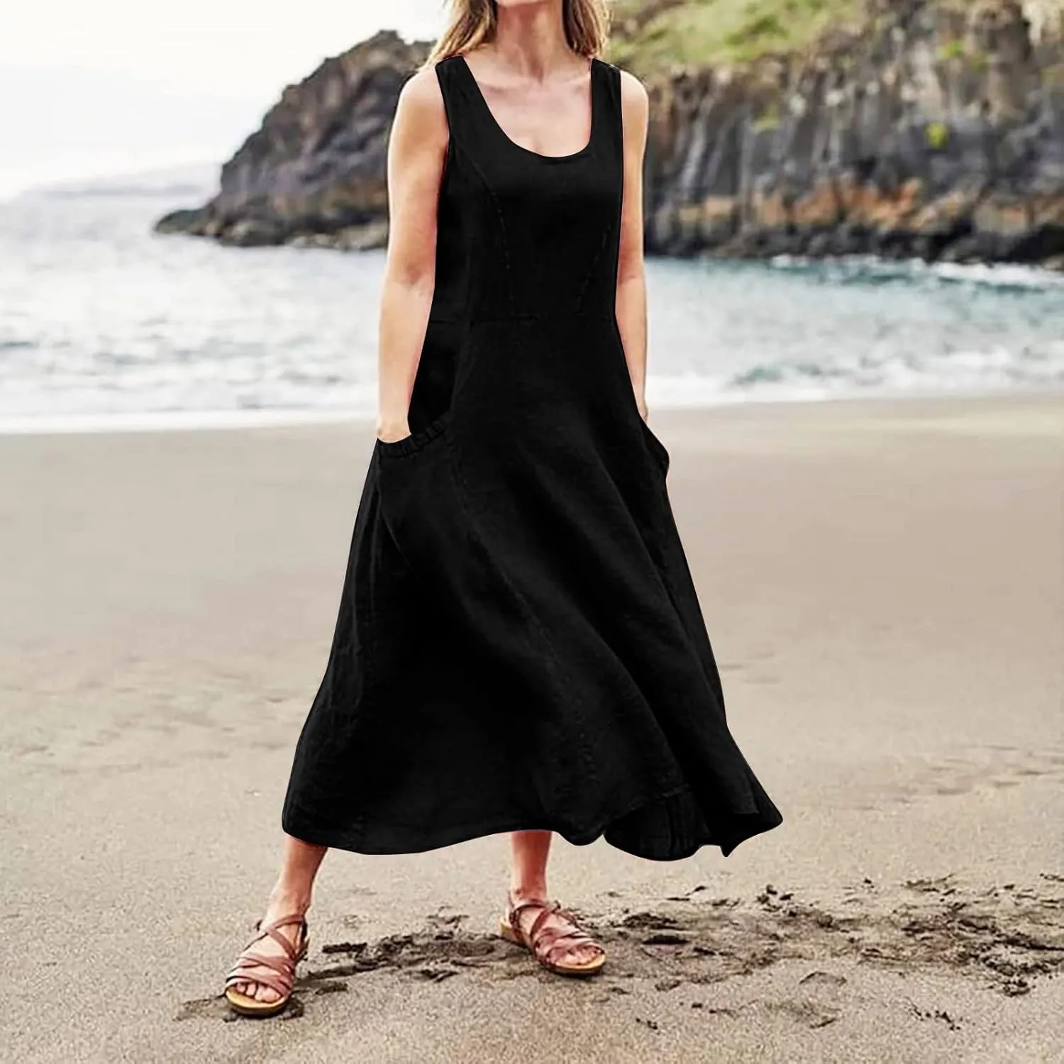 Summer Beach Dresses for Women Casual Loose Flowy Maxi Dress with Pocket Plus Size Bohemian Sleeveless Sundress Ladies