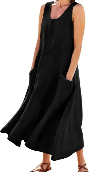 Summer Beach Dresses for Women Casual Loose Flowy Maxi Dress with Pocket Plus Size Bohemian Sleeveless Sundress Ladies