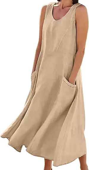 Summer Beach Dresses for Women Casual Loose Flowy Maxi Dress with Pocket Plus Size Bohemian Sleeveless Sundress Ladies