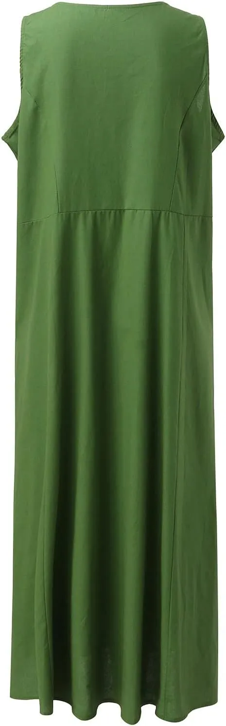 Summer Beach Dresses for Women Casual Loose Flowy Maxi Dress with Pocket Plus Size Bohemian Sleeveless Sundress Ladies
