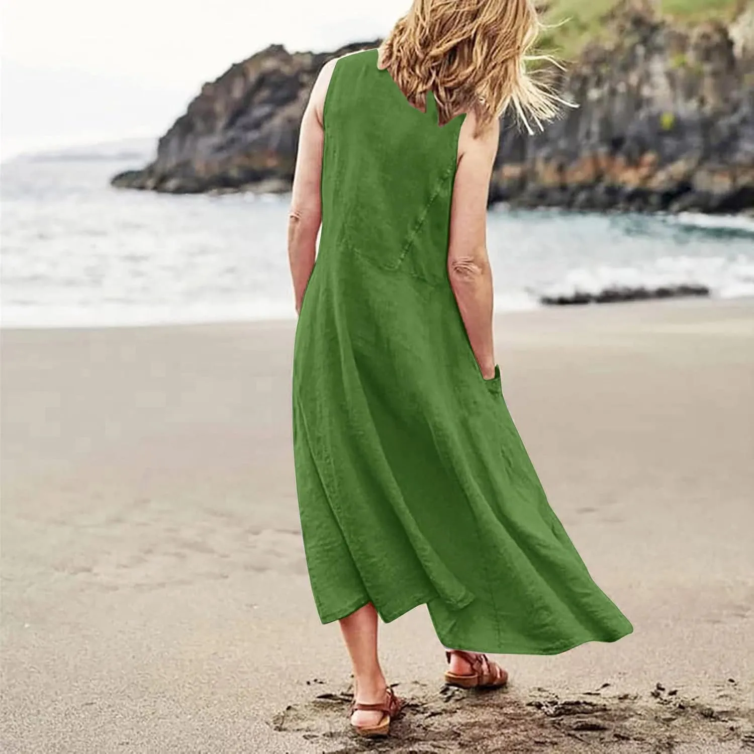Summer Beach Dresses for Women Casual Loose Flowy Maxi Dress with Pocket Plus Size Bohemian Sleeveless Sundress Ladies