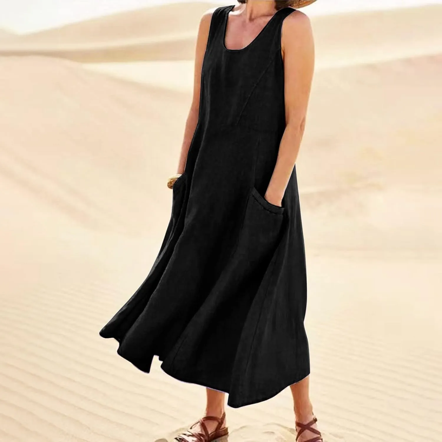Summer Beach Dresses for Women Casual Loose Flowy Maxi Dress with Pocket Plus Size Bohemian Sleeveless Sundress Ladies