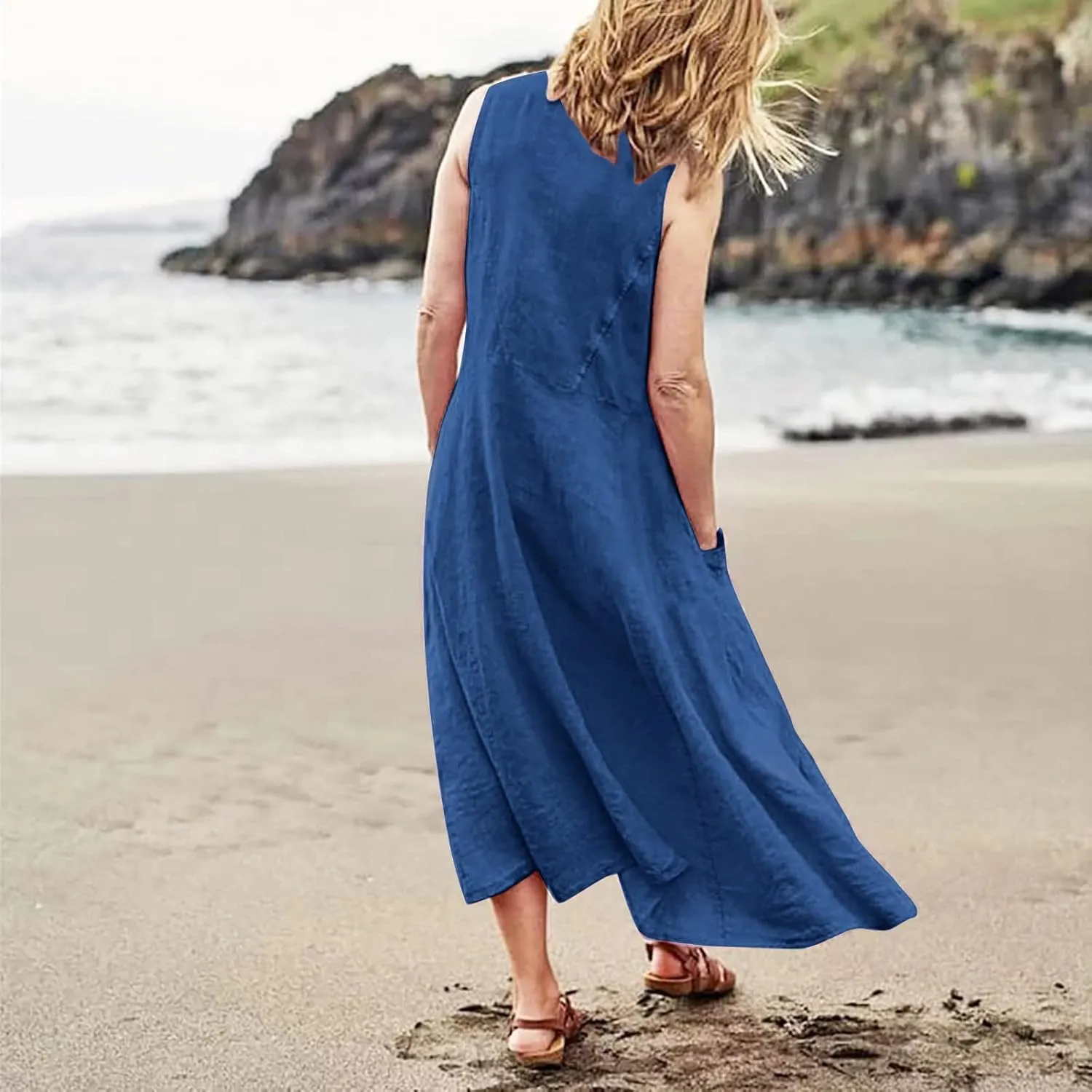 Summer Beach Dresses for Women Casual Loose Flowy Maxi Dress with Pocket Plus Size Bohemian Sleeveless Sundress Ladies