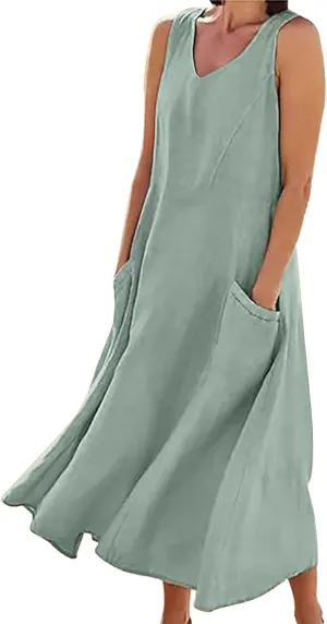 Summer Beach Dresses for Women Casual Loose Flowy Maxi Dress with Pocket Plus Size Bohemian Sleeveless Sundress Ladies