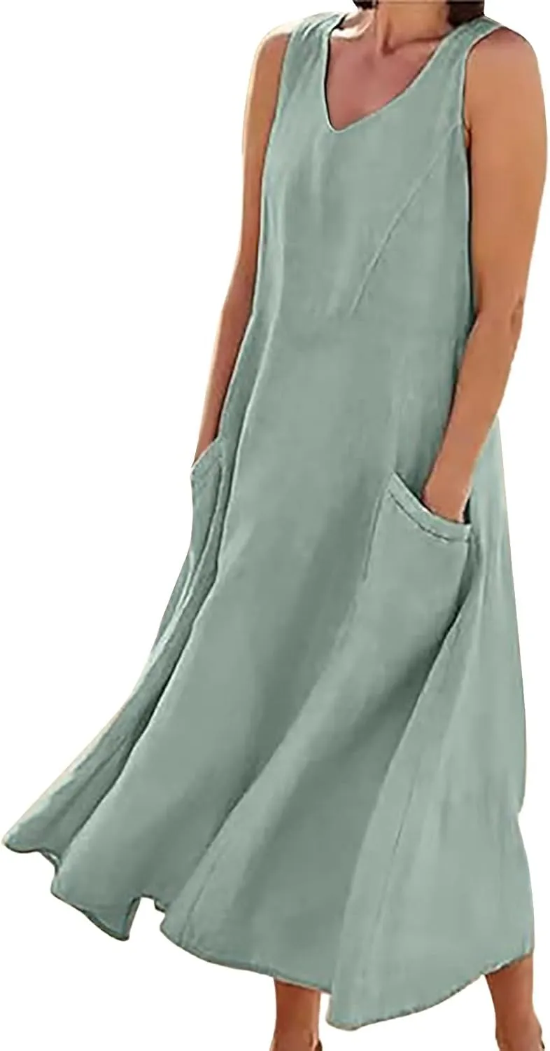 Summer Beach Dresses for Women Casual Loose Flowy Maxi Dress with Pocket Plus Size Bohemian Sleeveless Sundress Ladies