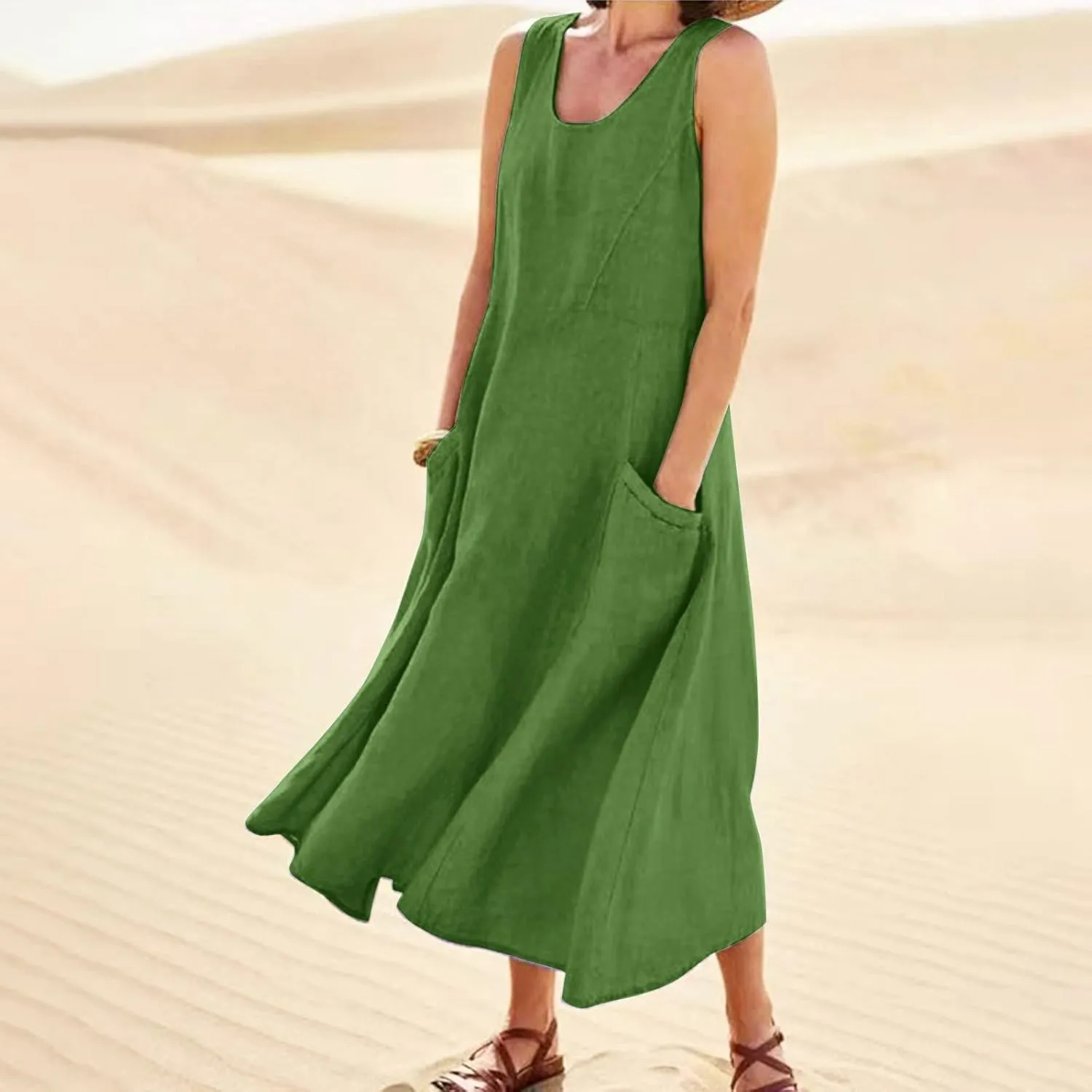 Summer Beach Dresses for Women Casual Loose Flowy Maxi Dress with Pocket Plus Size Bohemian Sleeveless Sundress Ladies